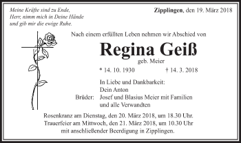 Traueranzeige von Regina Geiß von Schwäbische Post