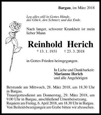 Traueranzeige von Reinhold Herich von Gmünder Tagespost