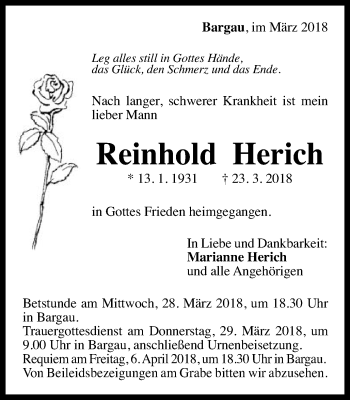 Traueranzeige von Reinhold Herich