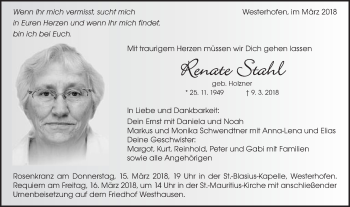 Traueranzeige von Renate Stahl von Schwäbische Post