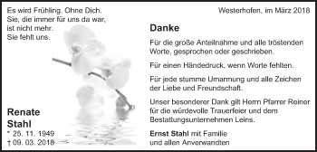 Traueranzeige von Renate Stahl von Schwäbische Post