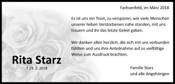 Traueranzeige von Rita Starz von Schwäbische Post