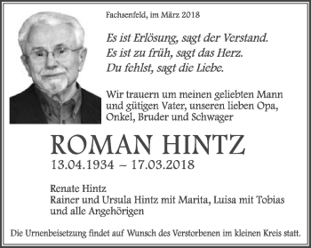 Traueranzeige von Roman Hintz von Schwäbische Post