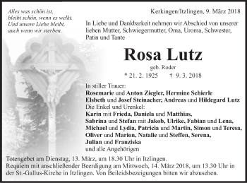 Traueranzeige von Rosa Lutz von Schwäbische Post