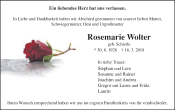 Traueranzeige von Rosemarie Wolter von Schwäbische Post