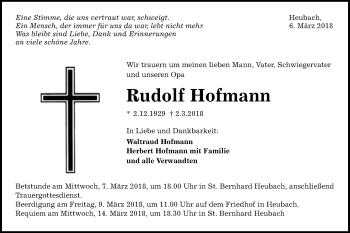 Traueranzeige von Rudolf Hofmann von Gmünder Tagespost