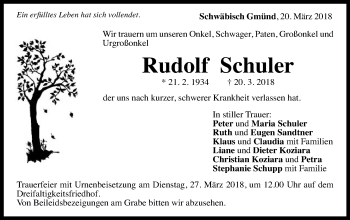 Traueranzeige von Rudolf Schuler von Gmünder Tagespost