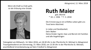 Traueranzeige von Ruth Maier von Schwäbische Post