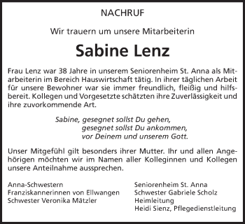 Traueranzeige von Sabine Lenz von Schwäbische Post