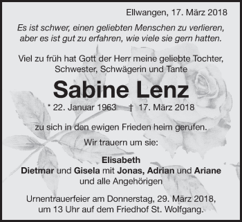 Traueranzeige von Sabine Lenz von Schwäbische Post