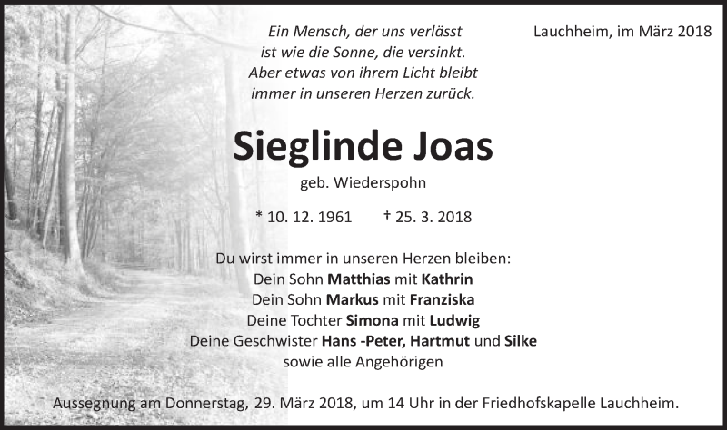  Traueranzeige für Sieglinde Joas vom 28.03.2018 aus Schwäbische Post