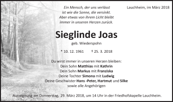 Traueranzeige von Sieglinde Joas von Schwäbische Post
