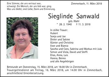 Traueranzeige von Sieglinde Sanwald von Gmünder Tagespost