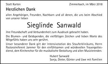Traueranzeige von Sieglinde Sanwald von Gmünder Tagespost