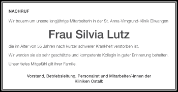 Traueranzeige von Silvia Lutz von Schwäbische Post