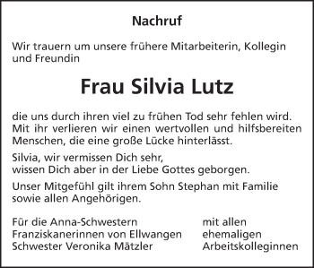 Traueranzeige von Silvia Lutz von Schwäbische Post