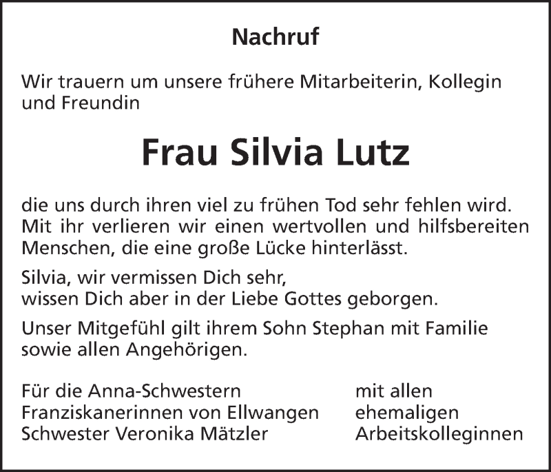  Traueranzeige für Silvia Lutz vom 27.03.2018 aus Schwäbische Post