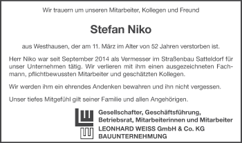 Traueranzeige von Stefan Niko von Schwäbische Post