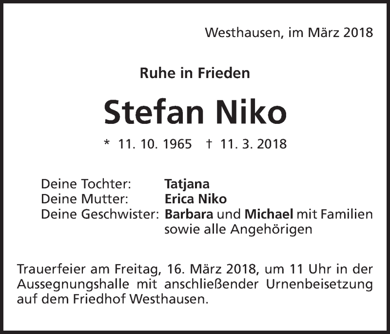  Traueranzeige für Stefan Niko vom 15.03.2018 aus Schwäbische Post