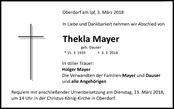 Traueranzeige von Thekla Mayer von Schwäbische Post