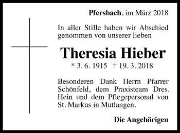 Traueranzeige von Theresia Hieber von Gmünder Tagespost