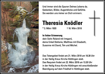 Traueranzeige von Theresia Knödler von Schwäbische Post