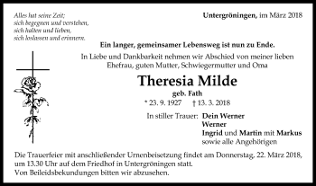 Traueranzeige von Theresia Milde von Gmünder Tagespost