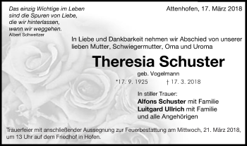 Traueranzeige von Theresia Schuster von Schwäbische Post