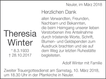 Traueranzeige von Theresia Winter von Schwäbische Post