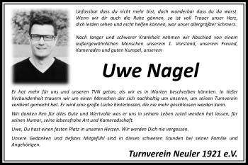 Traueranzeige von Uwe Nagel von Schwäbische Post