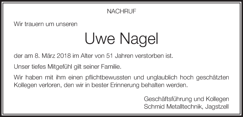  Traueranzeige für Uwe Nagel vom 10.03.2018 aus Schwäbische Post