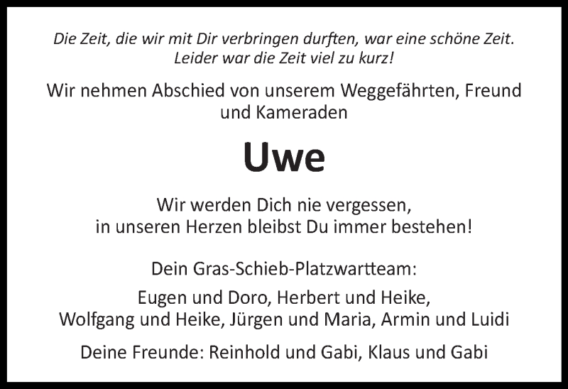  Traueranzeige für Uwe Nagel vom 10.03.2018 aus Schwäbische Post