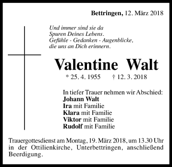 Traueranzeige von Valentine Walt von Gmünder Tagespost