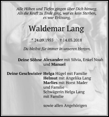 Traueranzeige von Waldemar Ludwig Lang von Schwäbische Post