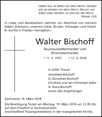 Traueranzeige von Walter Bischoff von Gmünder Tagespost