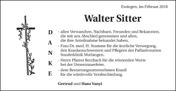 Traueranzeige von Walter Sitter von Schwäbische Post