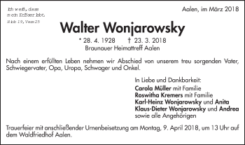 Traueranzeige von Walter Wonjarowsky von Schwäbische Post