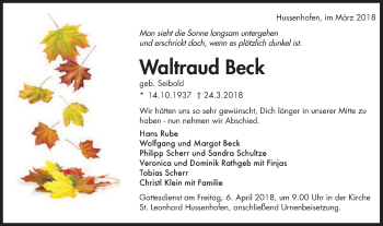 Traueranzeige von Waltraud Beck von Gmünder Tagespost