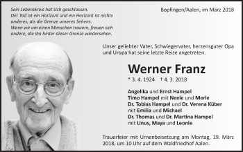 Traueranzeige von Werner Franz von Schwäbische Post