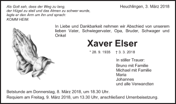 Traueranzeige von Xaver Elser von Gmünder Tagespost