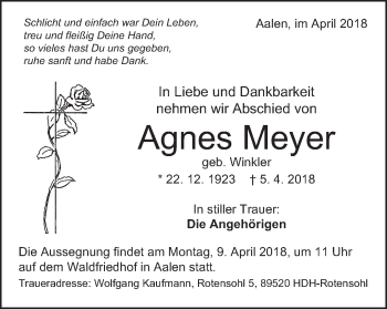 Traueranzeige von Agnes Meyer von Schwäbische Post