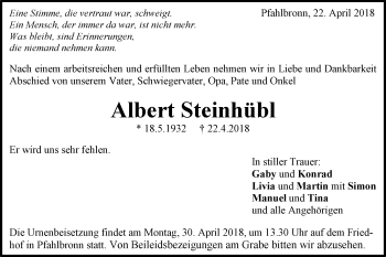 Traueranzeige von Albert Steinhübl von Gmünder Tagespost