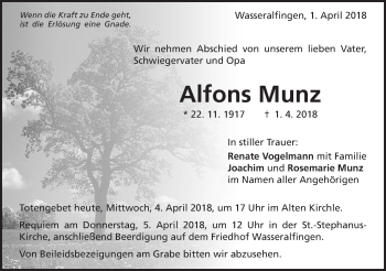 Traueranzeige von Alfons Munz von Schwäbische Post