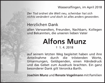 Traueranzeige von Alfons Munz von Schwäbische Post