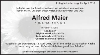 Traueranzeige von Alfred Maier von Schwäbische Post