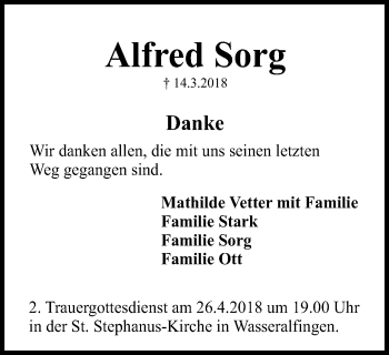Traueranzeige von Alfred Sorg von Schwäbische Post
