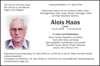 Traueranzeige von Alois Haas von Schwäbische Post