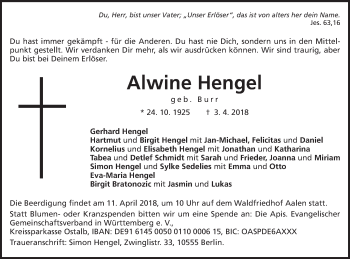 Traueranzeige von Alwine Hengel von Schwäbische Post