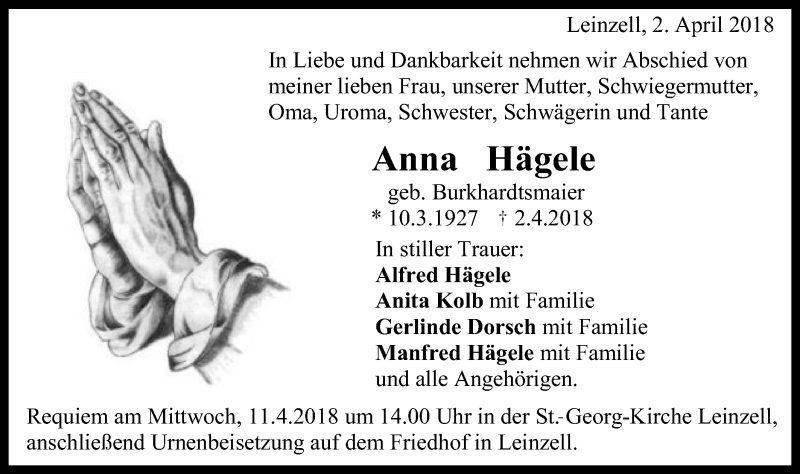  Traueranzeige für Anna Hägele vom 07.04.2018 aus Gmünder Tagespost