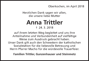 Traueranzeige von Anna Trittler von Amtsblatt_Oko